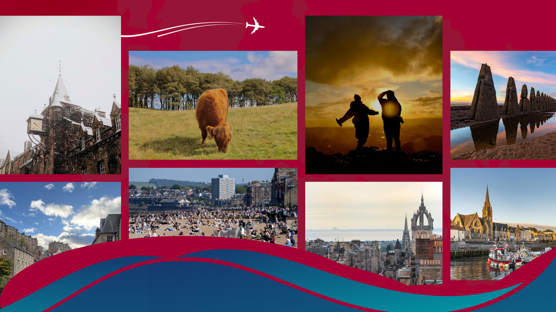 A collage of striking photos taken in and around Edinburgh, featuring the Canongate Tolbooth, a grazing highland cow, sunset silhouettes, Portobello promenade, and Newhaven harbour.